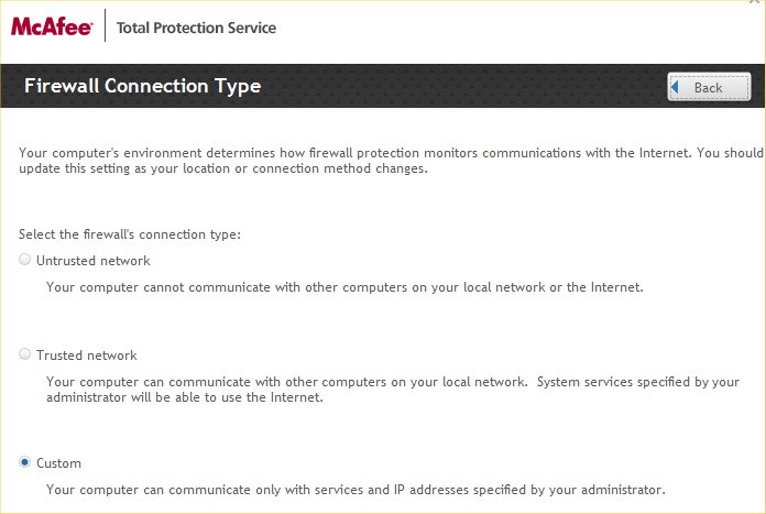 McAfee Firewall Connection Type</p> <p style=